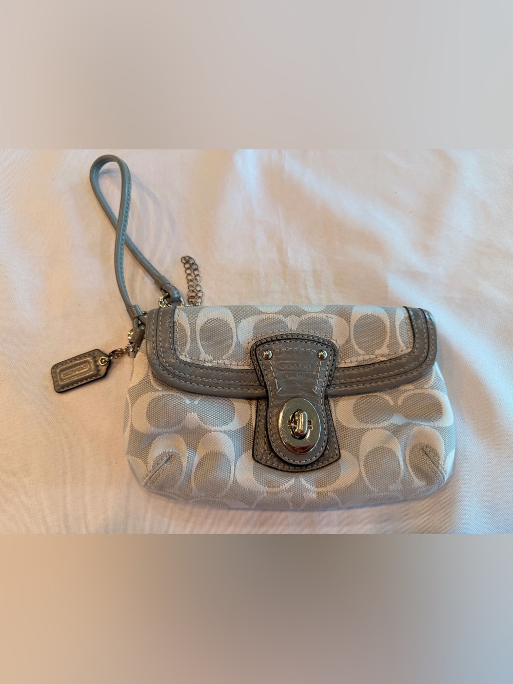 Coach Legacy Signature Optic Turnlock Flap Wristlet in Light Grey